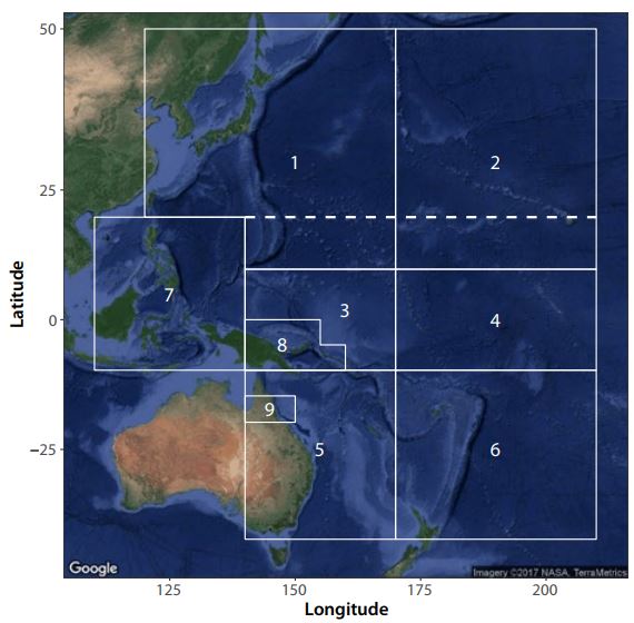 Figure 7. The definitions of spatial structure used in the 2017 bigeye tuna assessment. The dashed white line at 20°N separating regions 1 and 3 and regions 2 and 4 was used in the 2014 assessment. The white line at 10°N is the alternative definition adopted in the 2017 assessment.