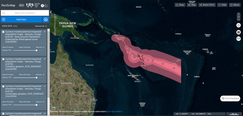 Cyclone Harold potential impacted population maps - Vanuatu, Tonga, Fiji