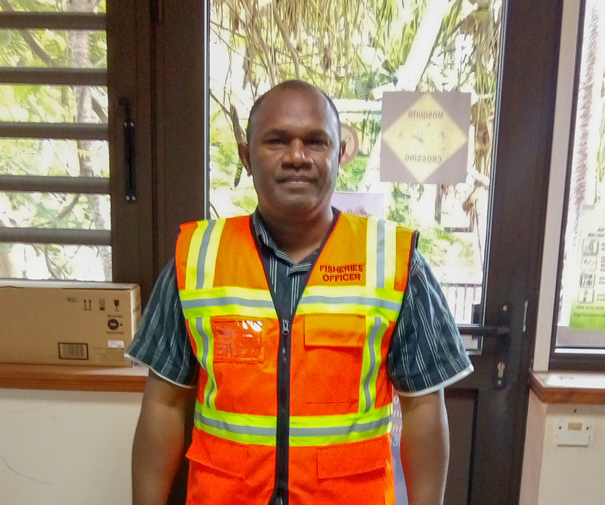 Sylvester showing classic catwalk style while ‘modelling’ a new fisheries officer vest, one of the more unusual tasks he kindly accepted to do for SPC. (image: Ian Freeman, SPC)