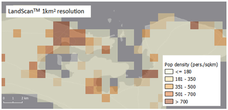 Comparison between LandscanTM (left) and Tonga population grid (right) - Tongatapu (Tonga) 