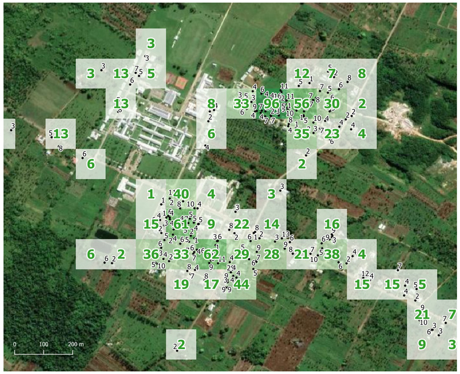 HH locations with population data overlaid on a 100m x 100m population grid