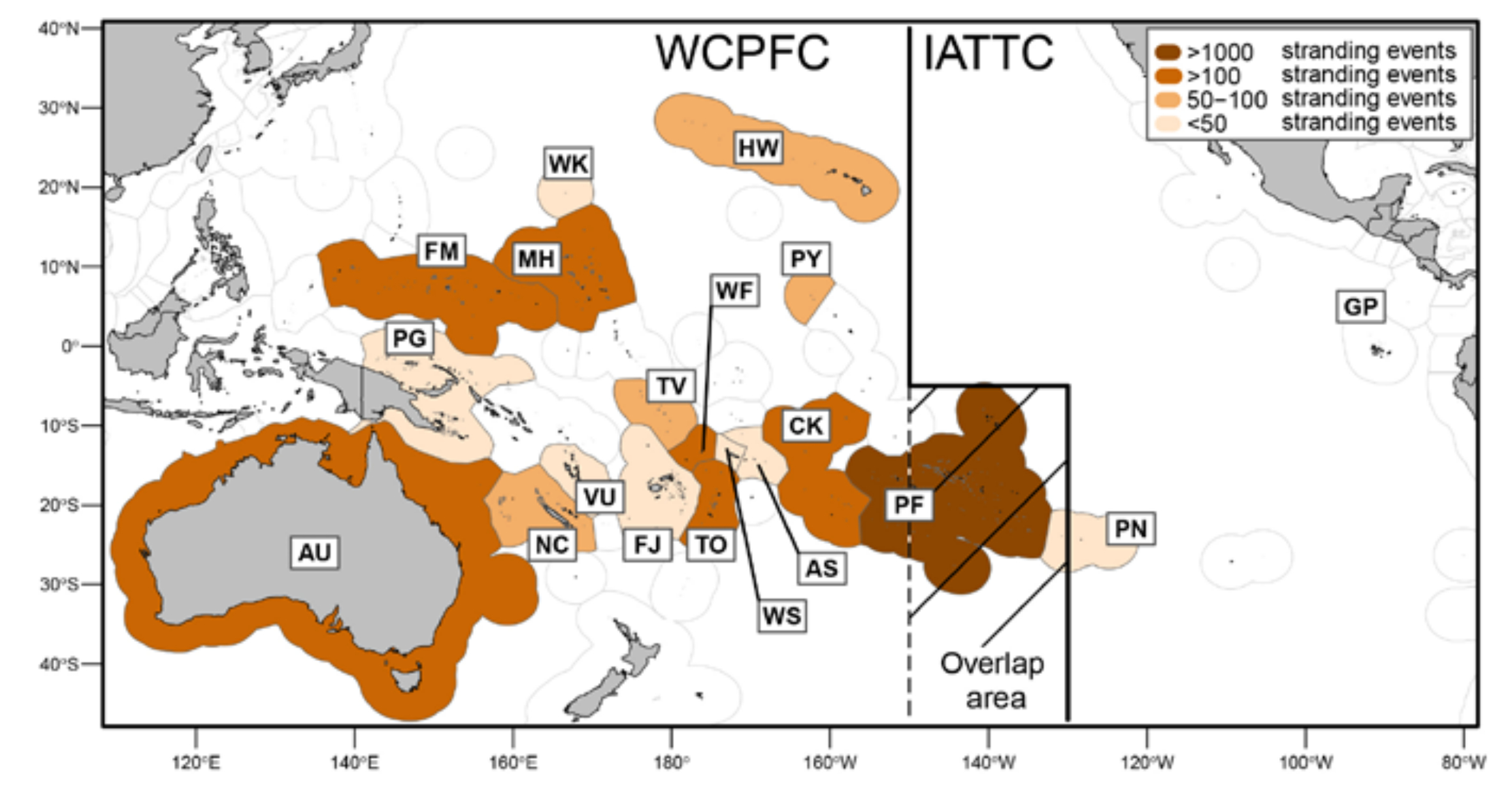 Figure 1. Nombre d’échouements signalés dans les États et Territoires insulaires océaniens faisant partie des programmes de collecte de données sur les DCP échoués. Cette zone couvre la région de la Commission interaméricaine du thon des tropiques (CIATT).