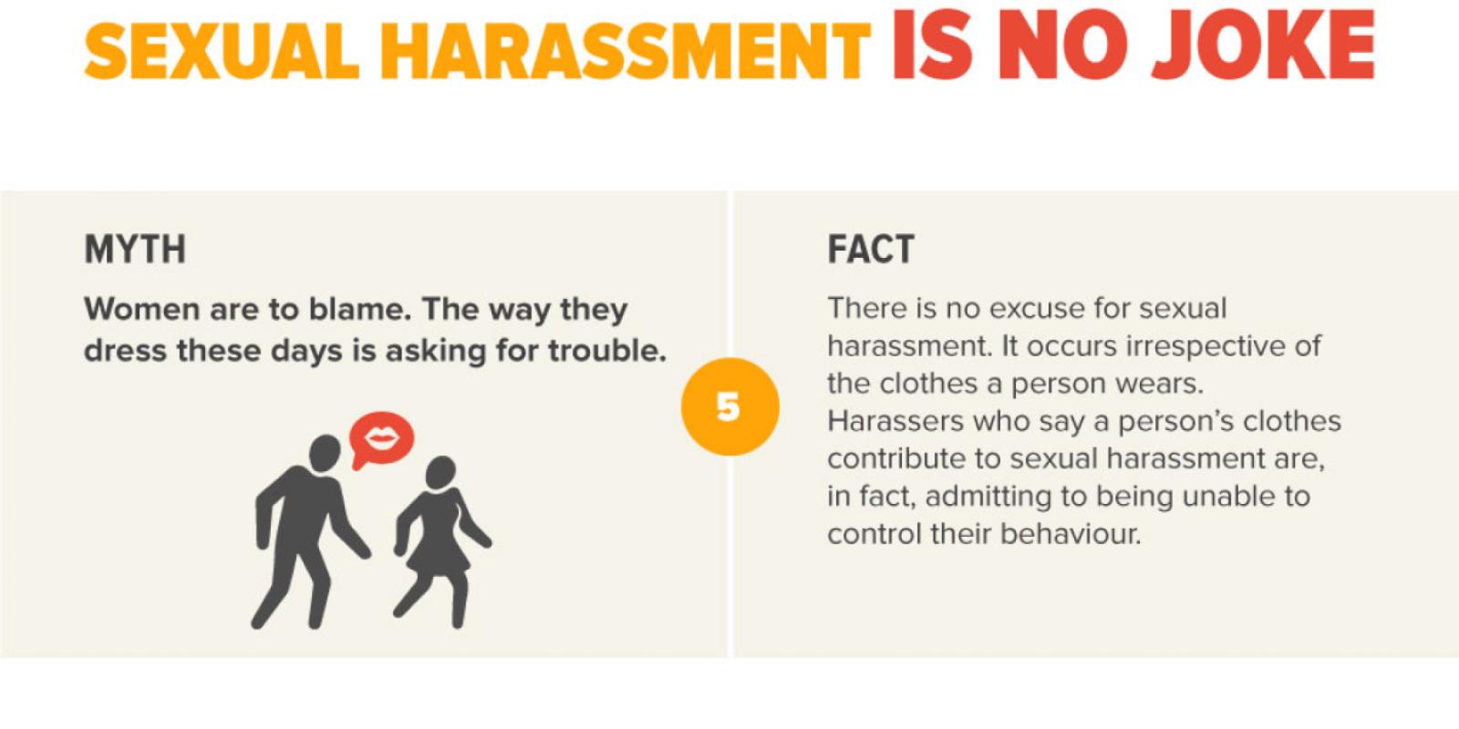 MYTH Women are to blame. The way they dress these days is asking for trouble.  FACT There is no excuse for sexual harassment. It occurs irrespective of the clothes a person wears. Harassers who say a person’s clothes contribute to sexual harassment are, in fact, admitting to being unable to control their behaviour.