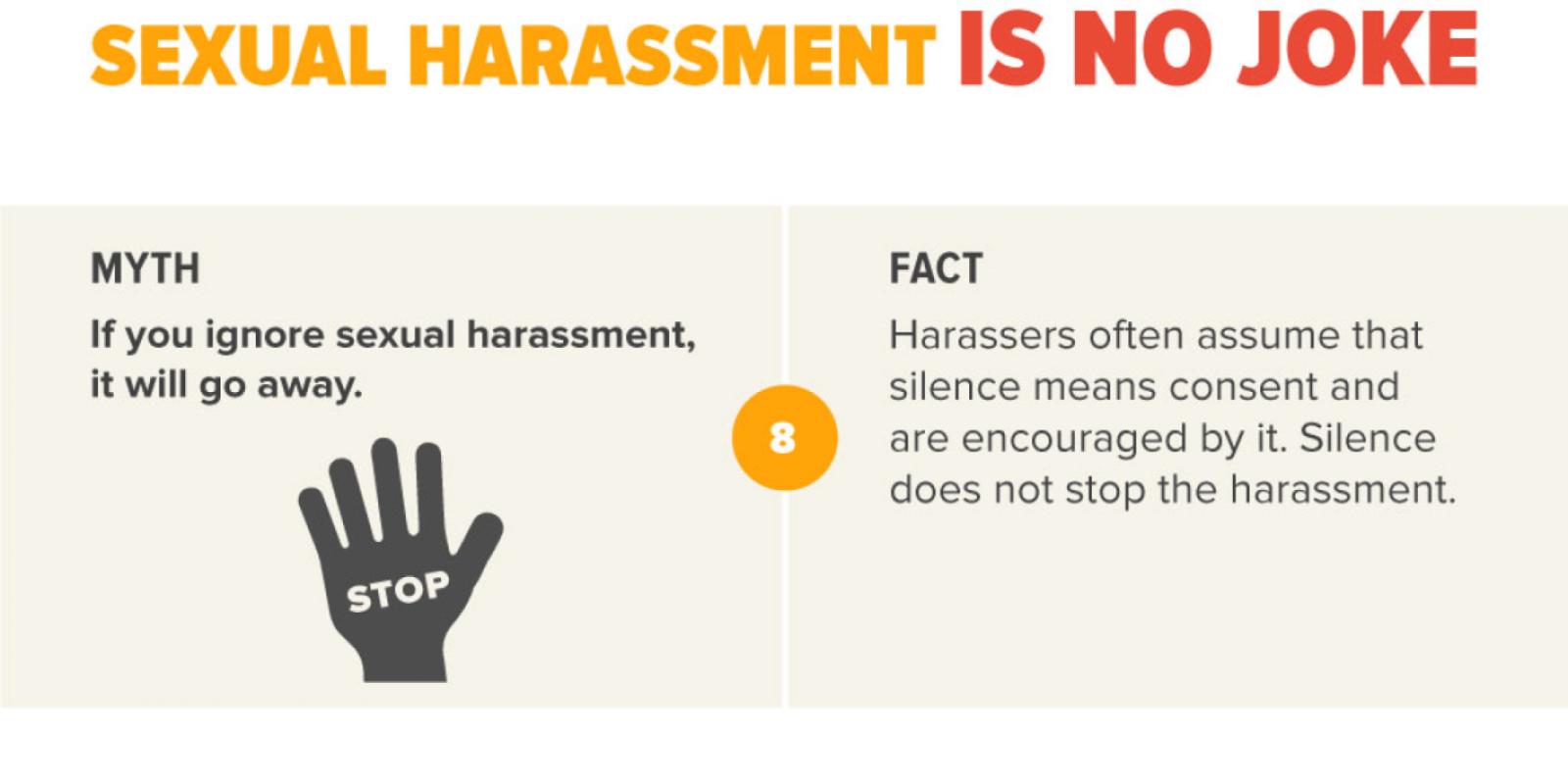 MYTH If you ignore sexual harassment, it will go away.  FACT Harassers often assume that silence means consent and are encouraged by it. Silence does not stop the harassment.