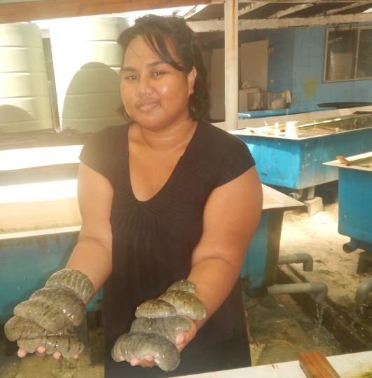 Sarah Botaake Teetu, Assistant Secretary, Ministry of Environment, Lands and Agricultural Development in Tarawa, Kiribati with Sandfish