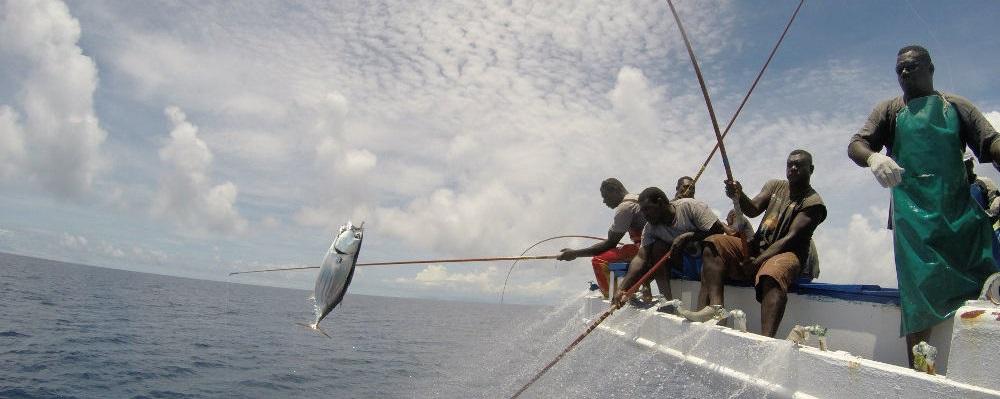Poling a skipjack at the bow