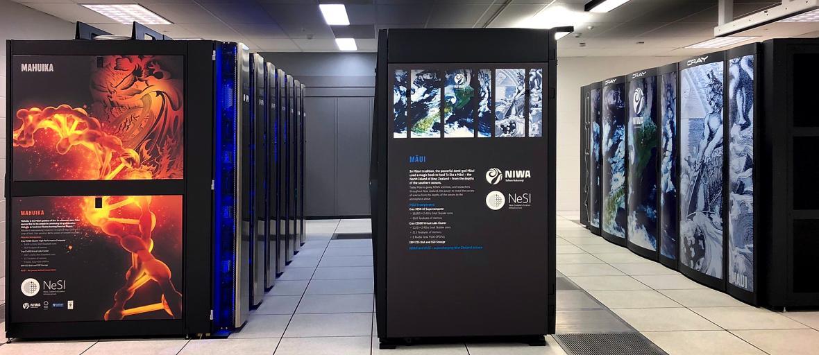 Two of the three supercomputers which make up the HPCF are housed in NIWA’s Greta Point campus in Wellington. Mahuika is on the left, a shared storage system is in the middle and Māui is on the right. [Photo: NIWA]
