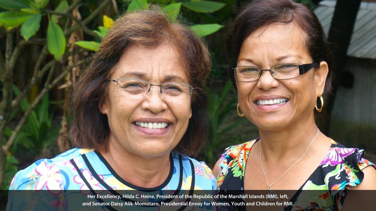 The Honourable Hilda C. Heine, President of the Republic of the Marshall Islands (RMI), left, and Senator Daisy Alik-Momotaro, Presidential Envoy for Women, Youth and Children for RMI. 