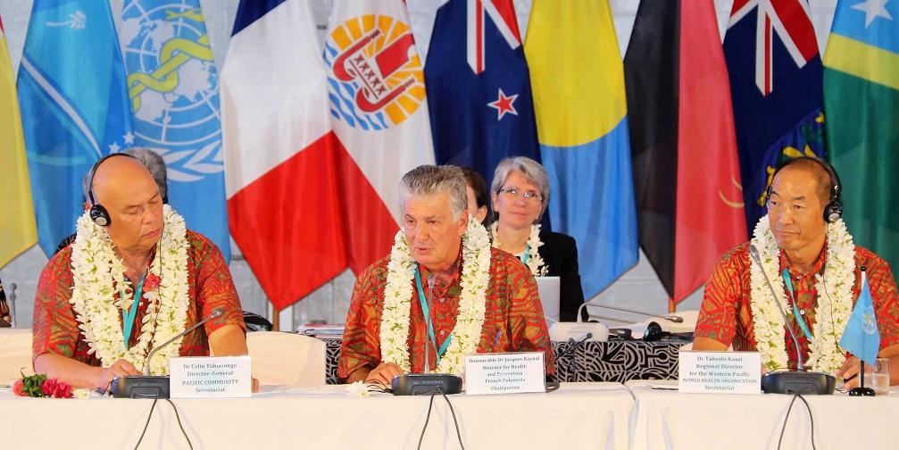 SPC Director General Dr Colin Tukuitonga, French Polynesia’s Minister of Health Dr Jacques Raynal, and WHO Western Pacific Regional Director Dr Takeshi Kasai during discussions at the 13th Pacific Health Ministers Meeting.