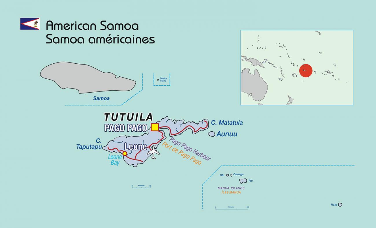 Map of American Samoa (Samoa americaines), Tutuila (main island), Pago Pago (capital, on Tutuila), Leone (village on Tutuila).  Also shows the Manua islands
